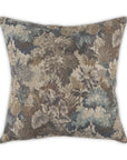 The Daphne Pillow by Moss Studio features vintage-style painterly florals in muted blue, brown, beige, and gray with assorted leaves and flowers on a textured linen-look fabric.