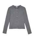 The Donni The Sweater Rib Cardi is a grey, long-sleeve cardigan with a ribbed texture, button-up front, and round neckline, shown on a white background.