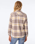 Gray, yellow, and white KUJTEN Lumber long-sleeve shirt with blue jeans, back view on white background.
