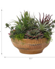 The Succulent Wood Bowl by Natural Decorations Inc. features a mix of green and burgundy faux succulents in an 11" wide, 9" tall round wooden bowl—a beautiful, maintenance-free decor accent. Simple vertical arrows show the dimensions.