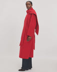 Red Rag & Bone Julian scarf trench, a long-sleeved double-face wool coat with an integrated shoulder scarf.