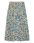 The Highland Skirt by The Great Inc. is a long, floral pleated skirt with a blue background, cream and yellow pattern, and red dot accents. It features an elastic waistband for added comfort and style.