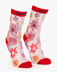 The Step Up Sock by Mother: translucent grey socks with bold red toes, heels, and cuffs, plus colorful starbursts. “MOTHER” is on one cuff and “F***ER” on the other.
