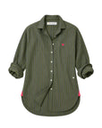 Oversized olive striped flannel shirt with rolled sleeves and pink heart accents by Kerri Rosenthal.