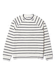 The Terry Franny sweatshirt by Kule is a white cotton-blend, long-sleeve crewneck with evenly spaced horizontal black stripes, shown laid flat on a white background.