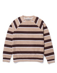 The Terry Franny sweatshirt by Kule is a long-sleeve cotton-blend featuring wide beige, brown, and off-white stripes and a comfy raglan sleeve design, shown flat on a white background.