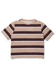 The Terry Hurley by Kule is a short-sleeve, crew neck cropped tee featuring wide brown, tan, and white stripes. Made from a soft cotton-blend fabric, the shirt is displayed flat against a white background.