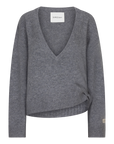 RACHEL V-neck jumper in grey wool-blend featuring a side-tie hem detail.
