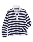 Black and white striped cropped henley with white collar, cotton jersey by Frank & Eileen.