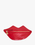 Lips Flat Clutch in red Italian leather featuring a lip shape, gold zipper, and circular logo charm by Bungalow.