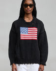 Distressed black American flag sweater by Denimist featuring a chest graphic.