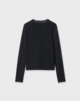 Fitted black long-sleeve crewneck top with sheer mesh sleeves in silky-soft stretch jersey by Luca Shadow.