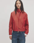 Cropped lamb leather bomber jacket with a wraparound collar and zip front by Rag & Bone.
