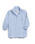 Blue button-up shirt with rolled sleeves, front pocket, and collar tag by Frank & Eileen; regenerative cotton.