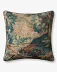 The Loloi Rugs Green/Multi 22x22 pillow features a tapestry-style scenic landscape of trees, foliage, and a historic building in muted tones, with knife-edge finishing and a hidden flap zipper for easy cover removal.