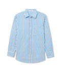 The Avalon Poplin Button Down by Perfectwhitetee is an oversized, long-sleeve cotton shirt with blue and white stripes, a left chest pocket, and a collar—an essential summer piece made from breathable poplin.