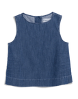 The Frank & Eileen Shell Tank in blue indigo denim features a sleeveless design, round neckline, straight hem, and subtle side seam details, shown against a plain white background.