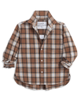 SILVIO Untuckable Button Up Shirt in a petite, square-fit brown, cream, and white plaid with long sleeves and curved hem.