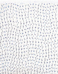 Close-up of the John Robshaw Hand Stitched Coverlet King, featuring white textured fabric with gathered sections and blue stitches for a unique, hand-stitched quilted look.