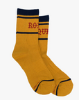 A pair of mustard yellow tube socks with navy blue stripes and the word "ROSTER" in red. These Baby Steps socks from Mother feature ribbed cuffs and are displayed against a white background.