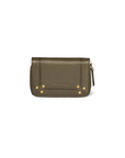 The Henri Zip Wallet by Jerome Dreyfuss is crafted from olive green goatskin leather with gold-tone corner studs, embossed front detailing, and a right-side zipper with a coin compartment, shown against a white background.