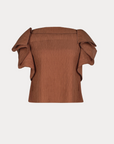 The Rivera Top by Rachel Comey is a brown, off-the-shoulder crinkled blouse with short flutter sleeves and pleated detailing, shown on a plain white background.