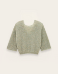 Light grayish-green mohair alpaca cardigan with wide neckline and three-quarter sleeves by BA&SH, Isaac style.