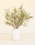 White vase with Kalalou Budding Leaf Spray on a white floor, set against a neutral beige background.