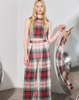 Sleeveless plaid crop top and matching Ridley Pant wide-leg trousers with front fly zipper by Bungalow.