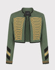 Cropped olive green Le Superbe Salute Jacket with gold braided chest detailing and striped sleeve cuffs.