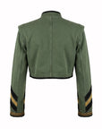 Le Superbe Salute cropped jacket in olive green with black and gold sleeve trim, made in Los Angeles.