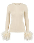 Off-white ribbed Extra Crew Neck Sweater with feather trim at the cuffs by Bungalow Furniture & Accessories.