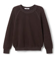 The Ziggy Reverse LS Sweatshirt by Perfectwhitetee is a dark brown, long-sleeved top made from soft cotton fleece with ribbed cuffs, hem, and neckline. Bracelet-length sleeves add a modern touch. Displayed on a white background.
