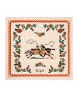 The Derby Silk Bandana by The Great Inc. is a square silk accessory featuring two jockeys on horses at the center, bordered by vibrant flowers and leaves, with bold red and orange framing and “The Great.” printed at the bottom.