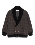 Brown plaid double breasted shawl collar coat with black ribbed collar, cuffs, and hem by Bungalow Furniture & Accessories.