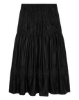 Black cotton voile Victorian skirt with lace, subtle embroidery, and elastic waist by The Great Inc., shown on white.