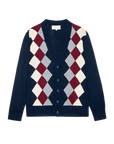 Navy blue V-neck cardigan with a multi-colored argyle pattern and front buttons by The Great Inc.