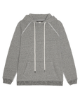 Grey French Terry fleece pullover hoodie with long white drawstrings and kangaroo pocket by Bungalow.