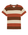 The Boxy Crew 26 by The Great Inc. is a handcrafted, boxy-fit t-shirt with wide brown, rust orange, and beige stripes, shown laid flat on a white background.