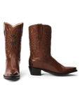 Chestnut and turquoise cowboy boot with sunburst detail, artisan leather by The Great Inc., side and front views shown.