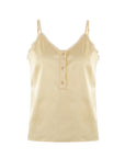 The Cami Shirt by THE SHIRT is a light yellow satin camisole featuring adjustable straps, No Gape button technology down the front, and lace trim along the neckline.