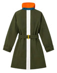 Cotton twill trench coat with white stripe, orange collar, blue trim, and yellow buckle by Kerri Rosenthal.