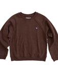 True Sweatshirt in chocolate brown cotton fleece featuring a small light blue heart embroidery on the left chest.