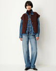 Sessun HELSPARK brown sleeveless jacket with a shawl collar styled in a layered outfit.