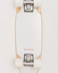 A white Faire Vintage Skateboard cruiser with natural wood edges, a Canadian maple deck, white wheels, and silver trucks is seen from above on a white background. The brand name "FAIRE" appears near one end.