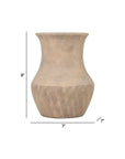 The Import Collection's Dalona Short Vase is a beige, textured ceramic vase with a wide base and narrow neck. At 9" tall and 7" wide, it's perfect for modern decor lovers—measurement lines shown for reference.