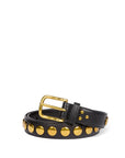 The Jerome Dreyfuss Festival Ceinture is a sleek black cowskin belt with gold circular studs elegantly spaced along its length. It features a shiny gold buckle and is beautifully coiled on a pristine white background.