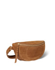 Brown suede belt bag with gold zipper, tassel, and crossbody strap by Jerome Dreyfuss, Lino Banane.
