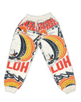 The Aloha Paradise Jogers by Ping Pong Surf Club are wide-legged white sweatpants with vibrant orange, yellow, and black surfing graphics and bold red/black text—ideal for capturing summer vibes.