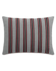 The Andes Striped throw pillow by Eastern Accents features a modern rectangular design with a gray background and vertical black, white, and dark red stripes—its textured fabric adds stylish simplicity to any room.